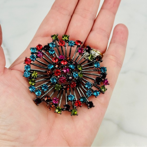 Vintage Multicolor Starburst  Brooch Pin Large Statement Glass Rhinestone 80s - Picture 2 of 9